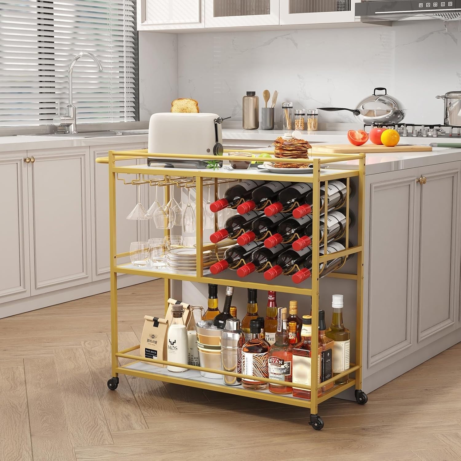 Gold Drinks Trolley 3 Tier Bar Cart with Wine Rack & Glass Holder Lockable Wheel