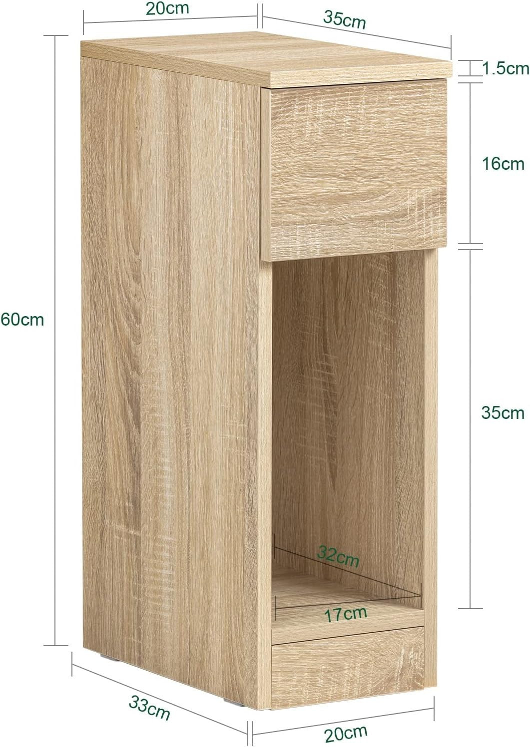 Set of 2 Oak Effect Slim Bedside Tables with Drawer & Shelf | Modern