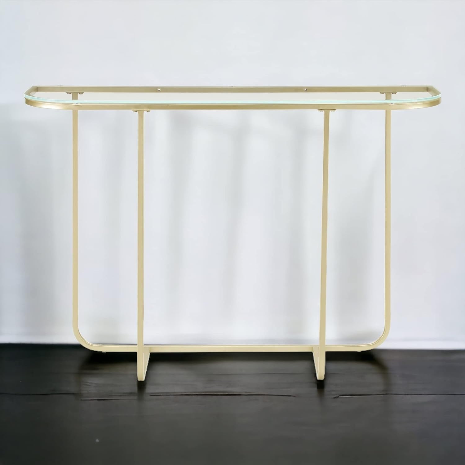 Modern Narrow Console Table with Glass Top & Curved Metal Legs, Stylish