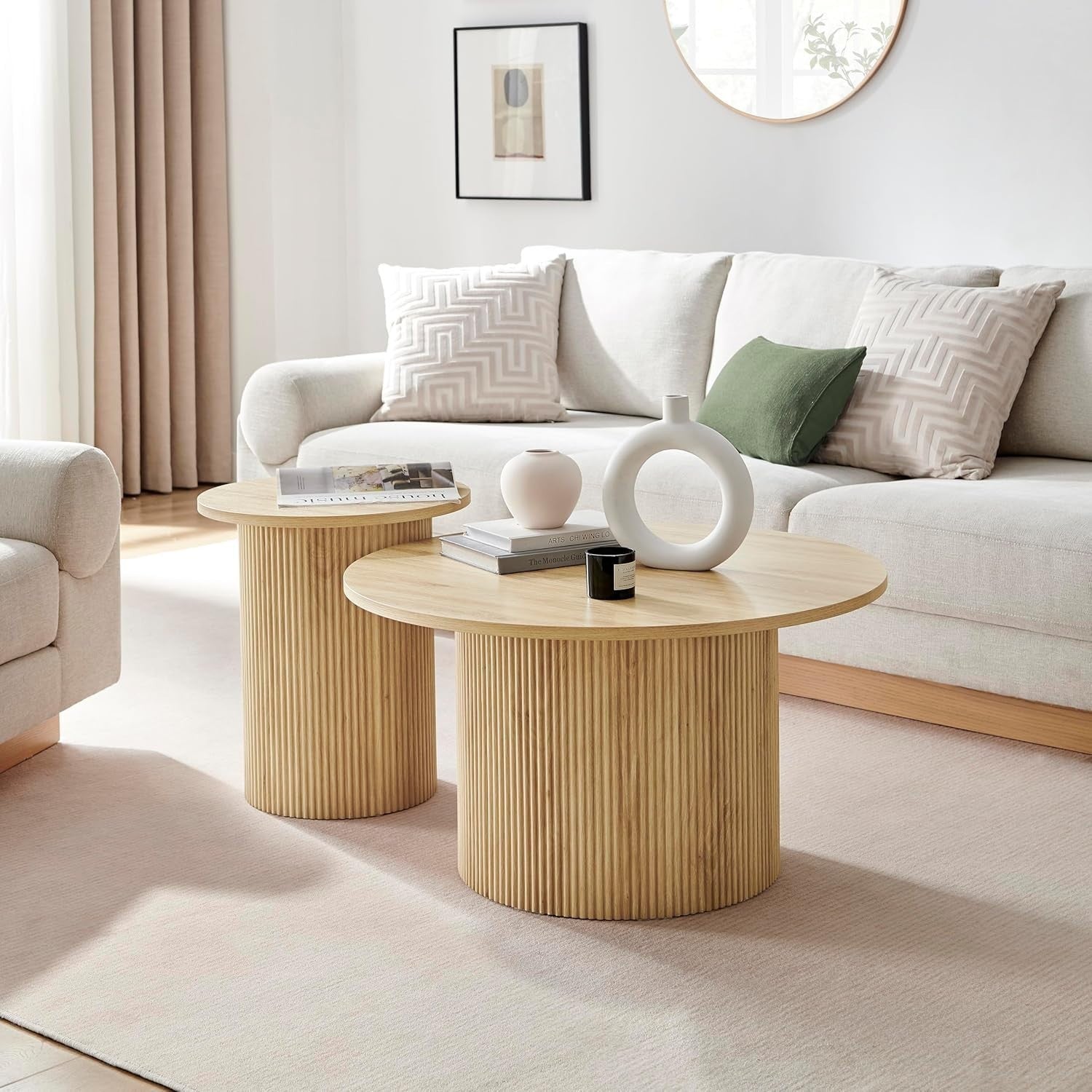Modern Oak Round Side Table 60cm Pedestal End Table Scandinavian Minimalist
