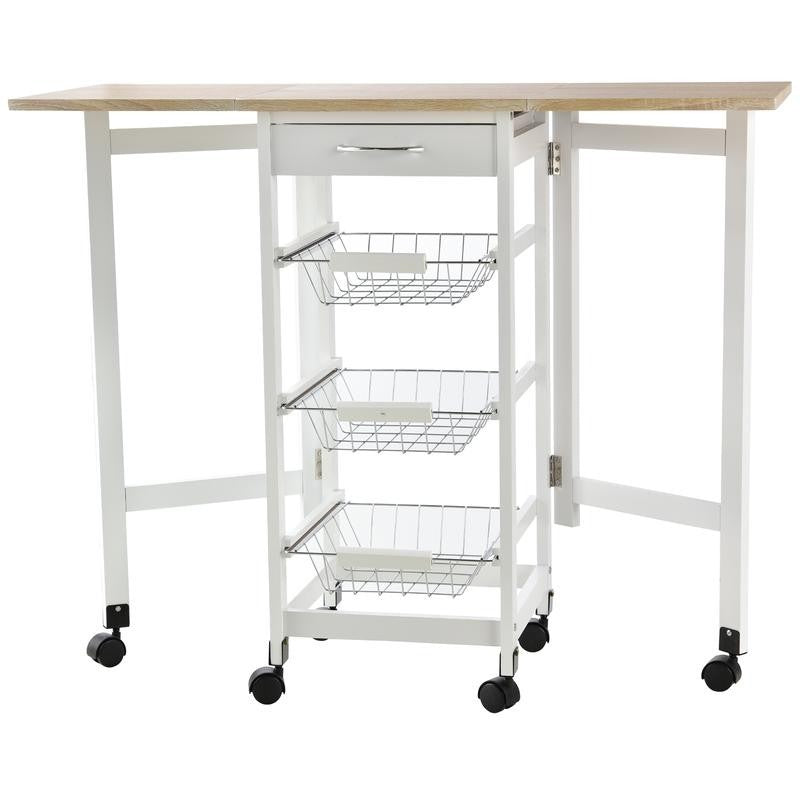 Drop Leaf Kitchen Trolley Cart with Baskets Drawer & Wheels Oak White