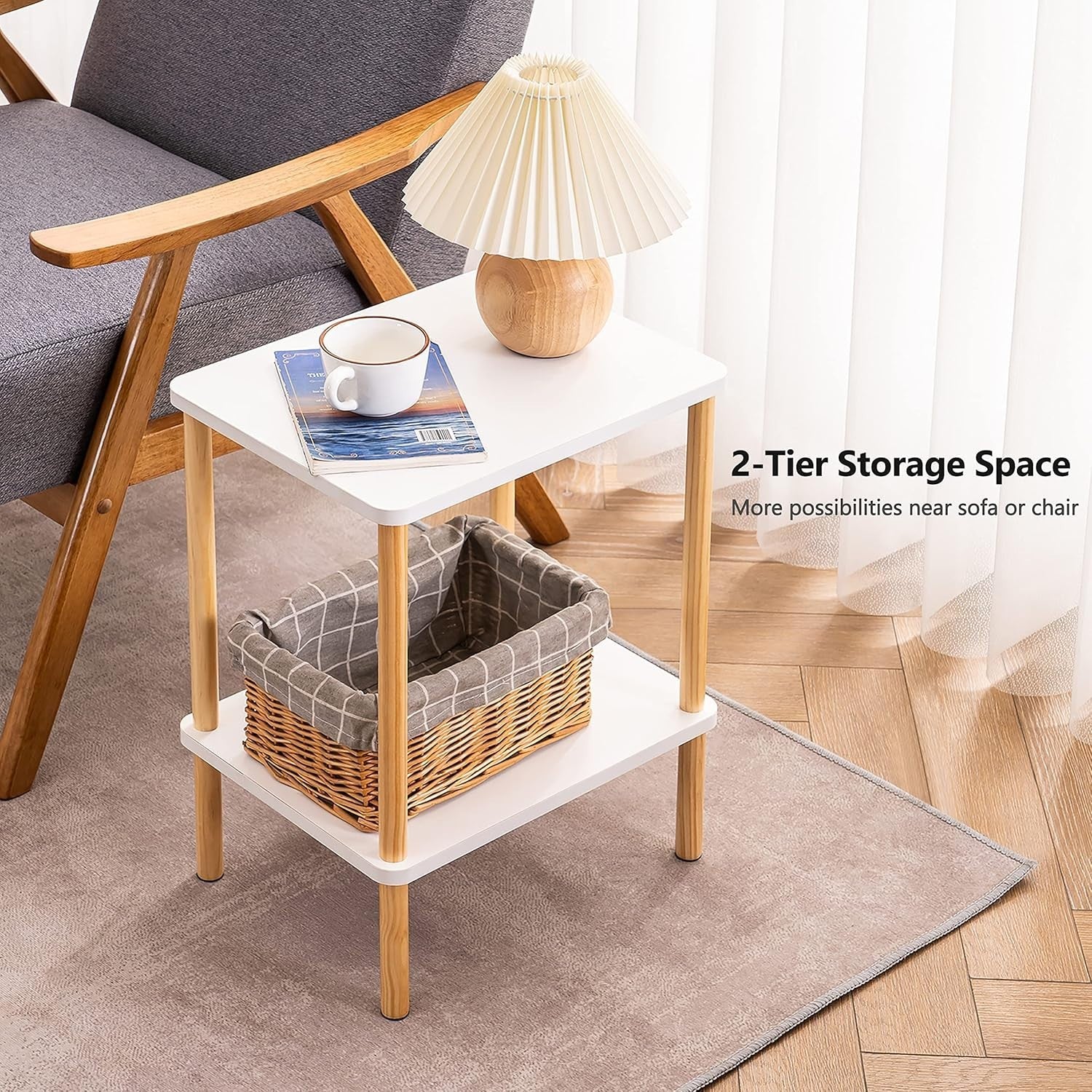 White & Oak Narrow Bedside Table – 2-Tier Side Table with Shelf, No-Tool Setup