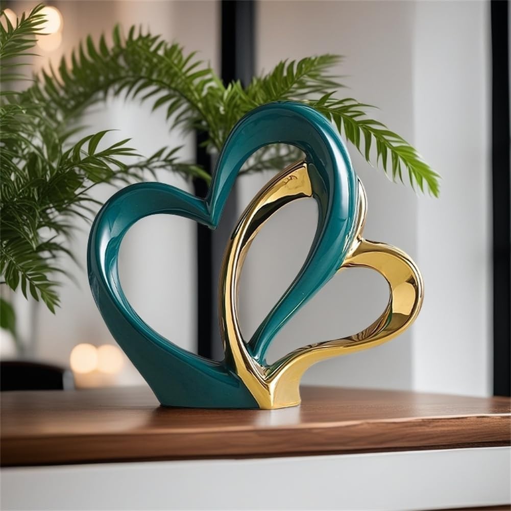 Modern Double Heart Ceramic Sculpture Green Gold Ornament Luxury Home Decor Gift