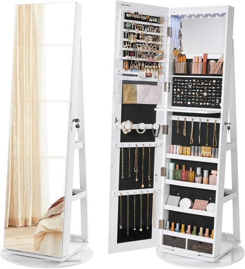 White LED Jewelry Cabinet Mirror 360° Swivel Lockable Storage Organizer