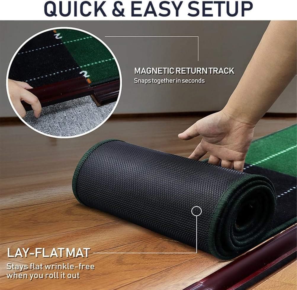 Indoor Golf Putting Green Mat w Ball Return Alignment Trainer Home Practice