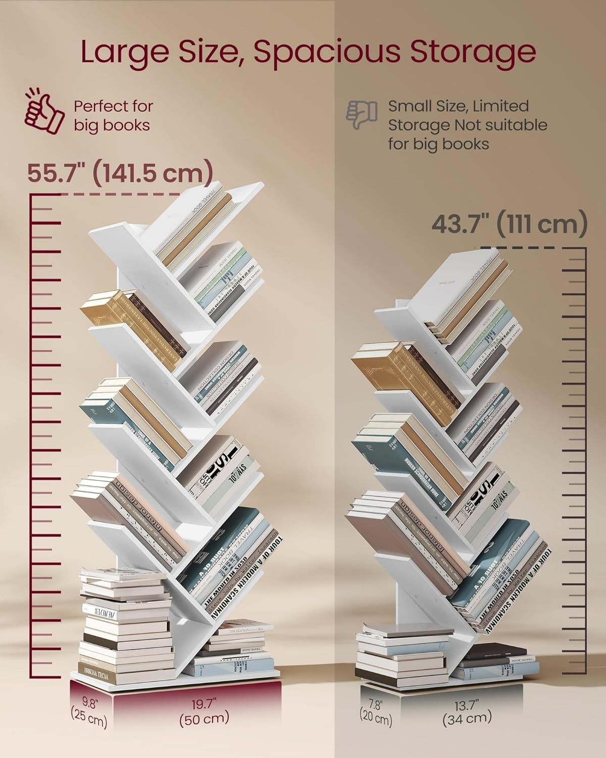 9 Tier Tree Bookshelf White Tall Modern Corner Bookcase Space Saving 141cm