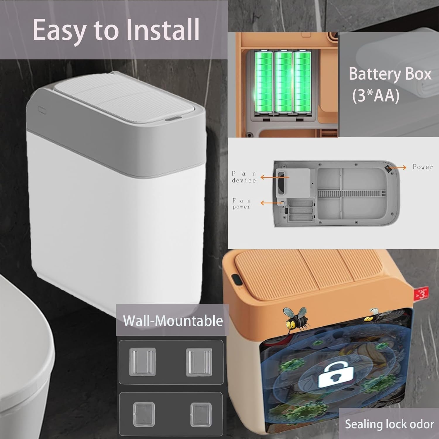 12L Slim Smart Bathroom Bin Motion Sensor Grey Slide Lid