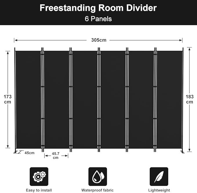 6-Panel Folding Room Divider 6ft Black Privacy Screen Wall Partition Home Office