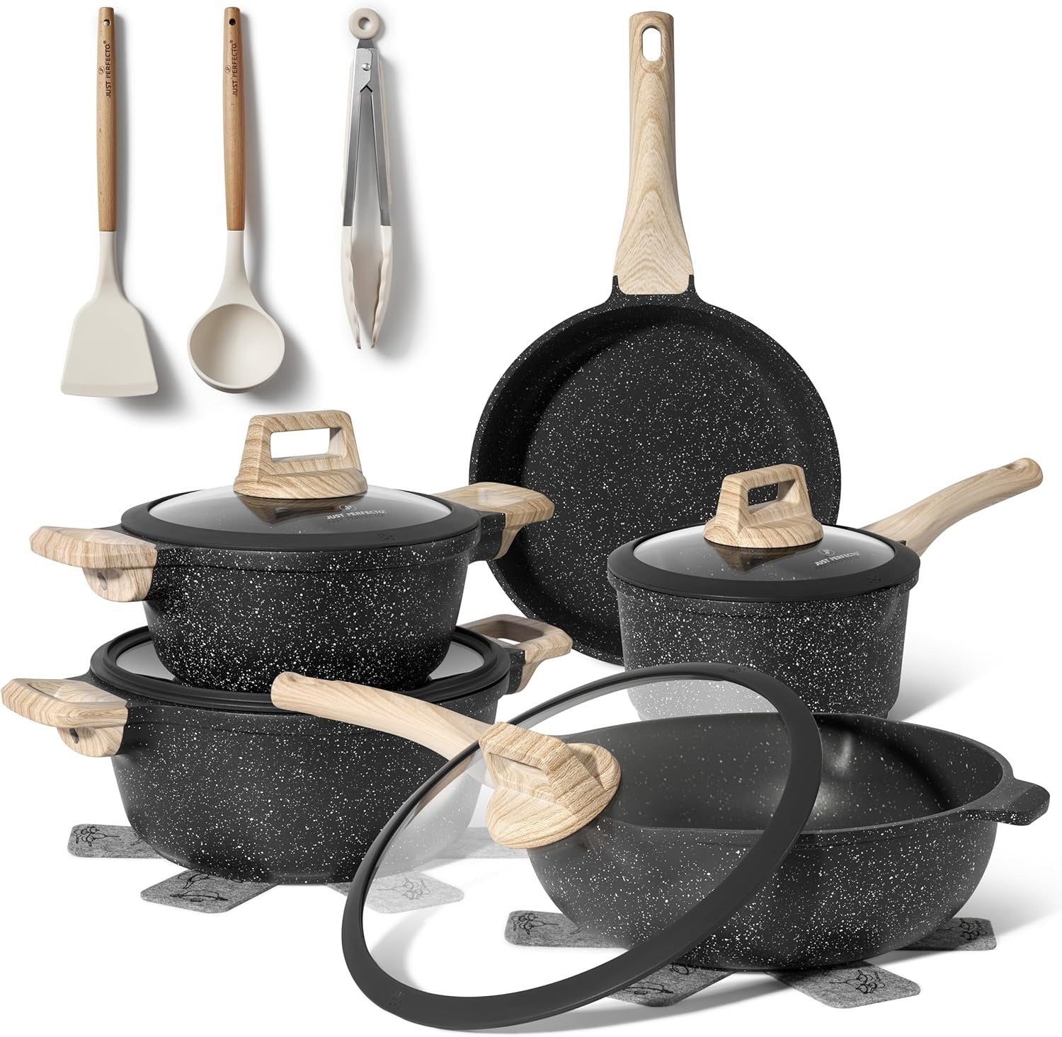 14Pcs Grey Granite Cookware Set Non-Stick Induction Ready Pots & Pans