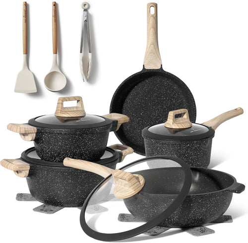 14Pcs Grey Granite Cookware Set Non-Stick Induction Ready Pots & Pans