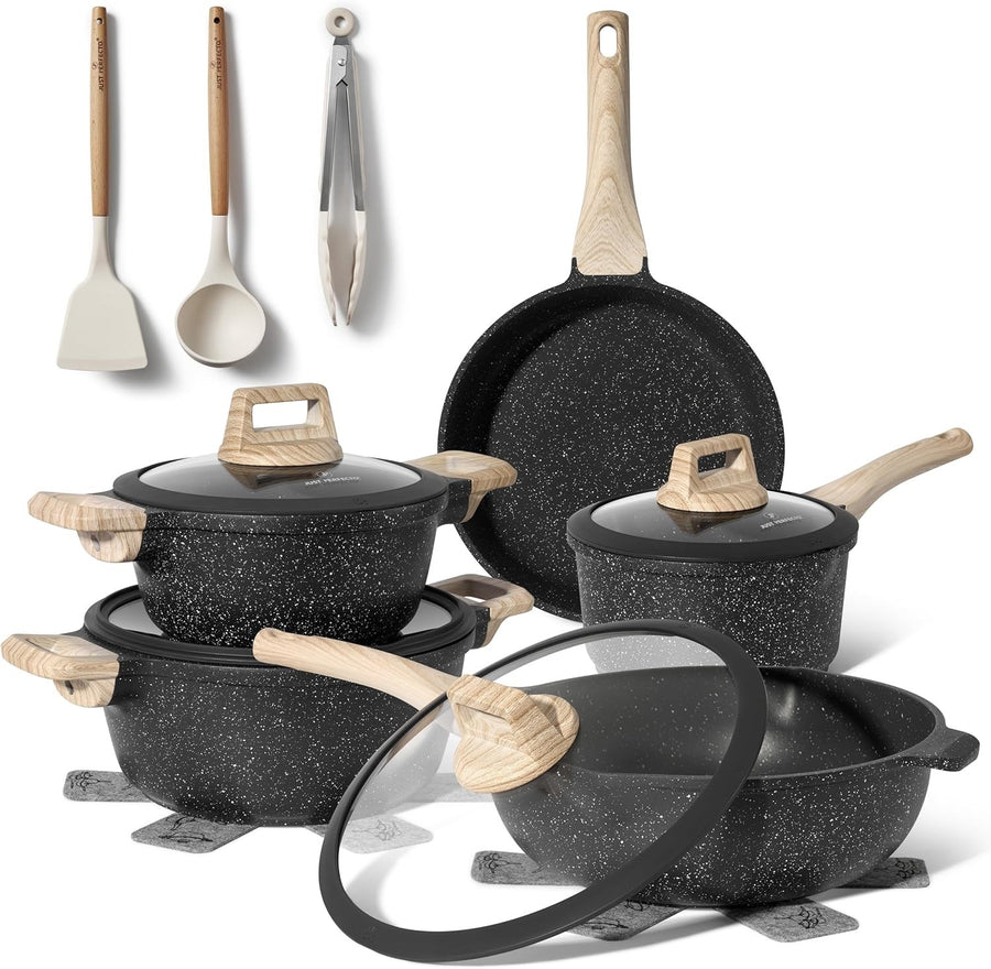 14Pcs Grey Granite Cookware Set Non-Stick Induction Ready Pots & Pans