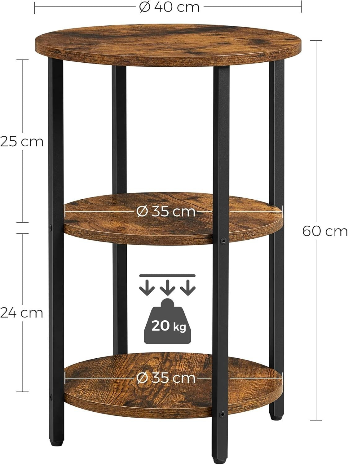 Round 3-Tier Side Table Rustic Brown Black Steel Frame Small Coffee End Table