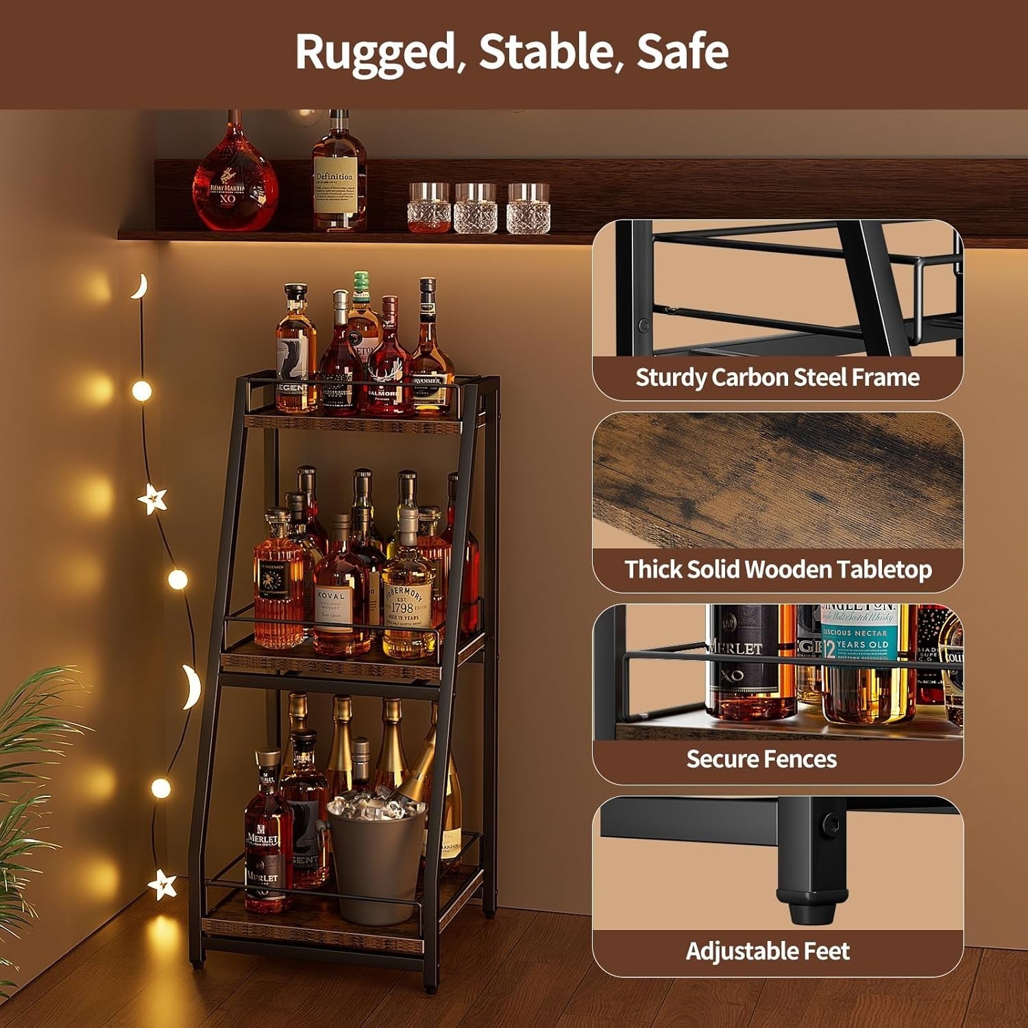 3 Tier Liquor Bar Cabinet Stepped Wine Rack with Slide Shelves & Storage