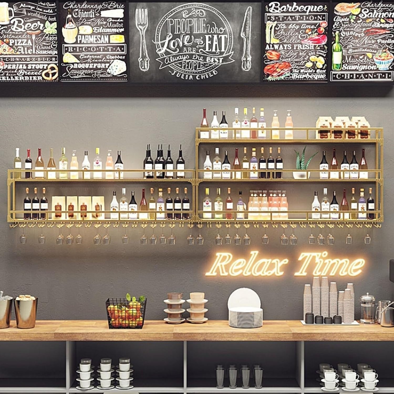 Wall Mounted Wine Rack With Glass Holder Bar Bottle Shelf Gold Metal 180x25x90cm