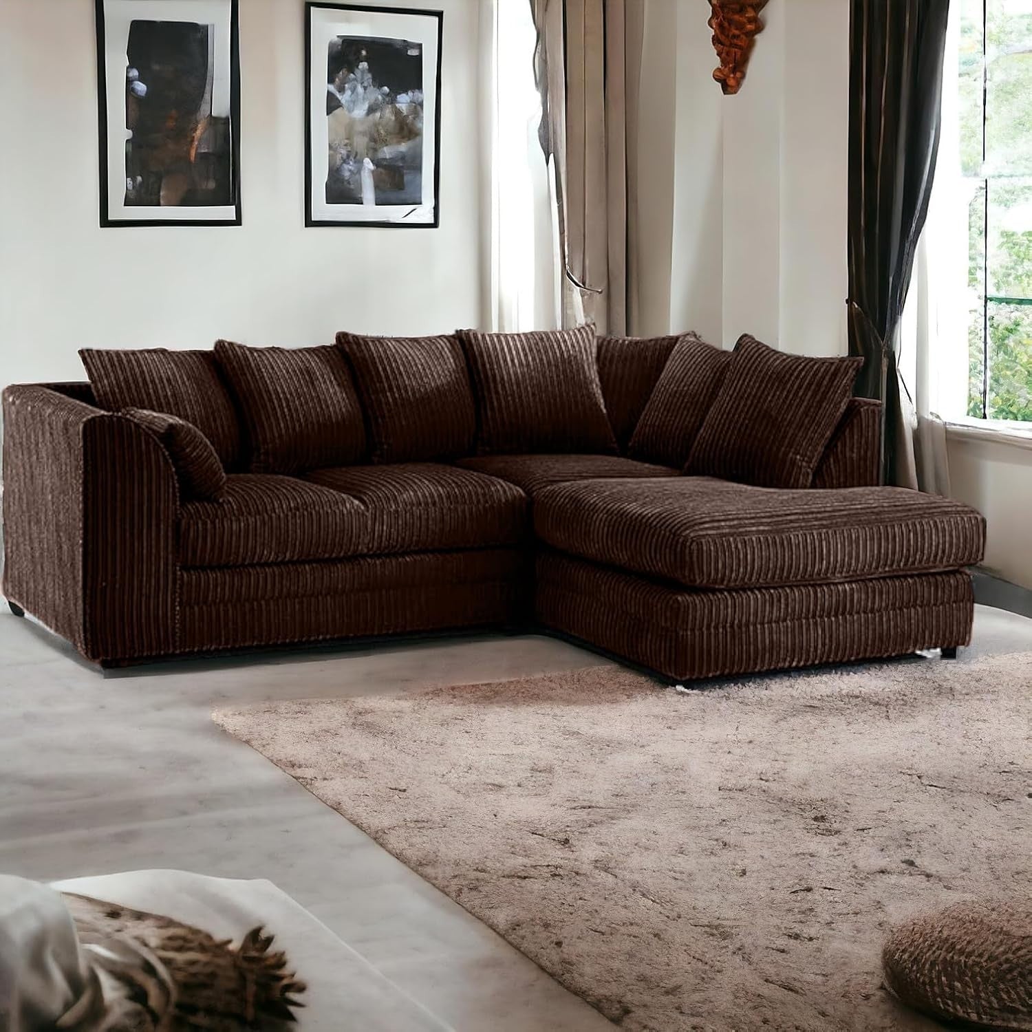 4 Seater Brown Jumbo Cord Scatter Back Right Hand Corner Sofa with Deep Seats