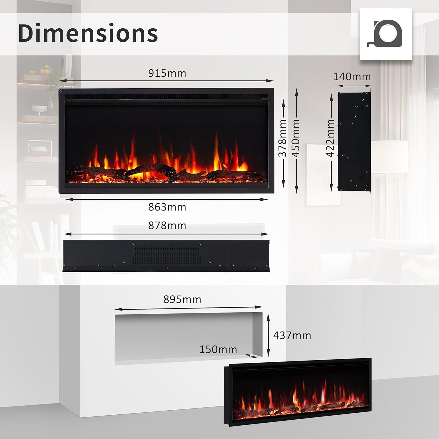 Electric Fireplace Wall Mounted Recessed 36” LED Heater Log Flame