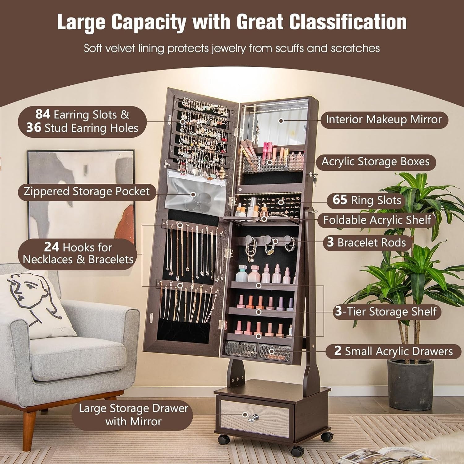 Brown LED Jewellery Cabinet Lockable Full Length Mirror Mobile Storage