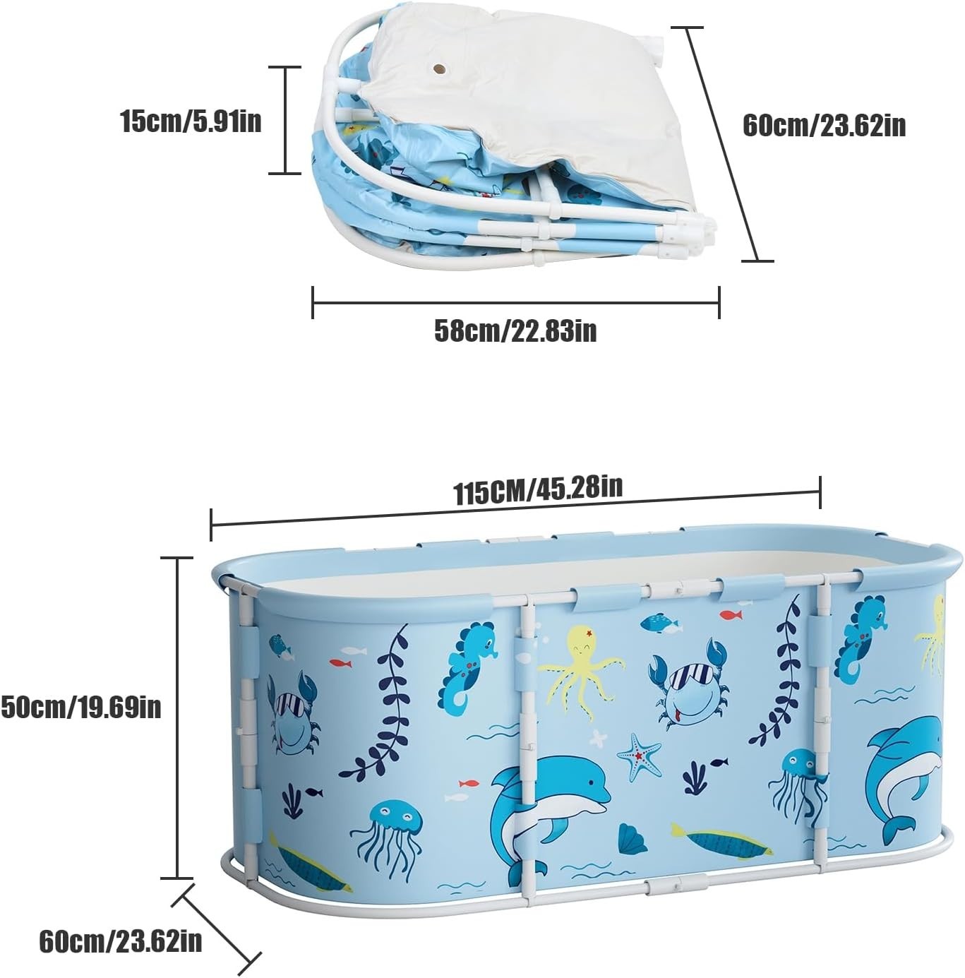 Portable Foldable Adult Bathtub 45" Blue | Family SPA Soaking Tub Plastic Frame