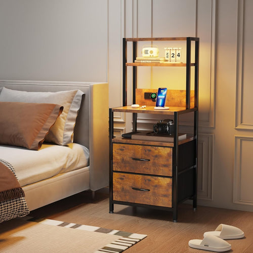 Rustic Bedside Table with Charging Station LED Light & Drawer Storage 100cm