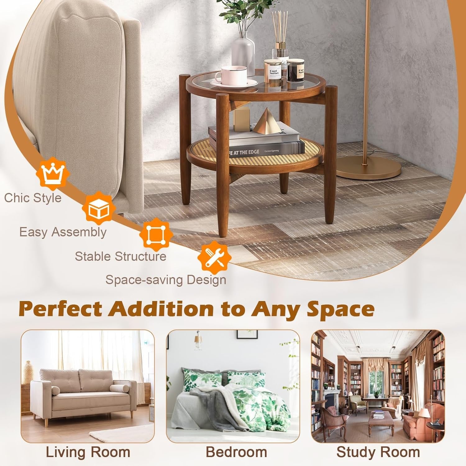 2-Tier Rattan Round Side Tables with Tempered Glass Top & Acacia Wood Legs (2PCS