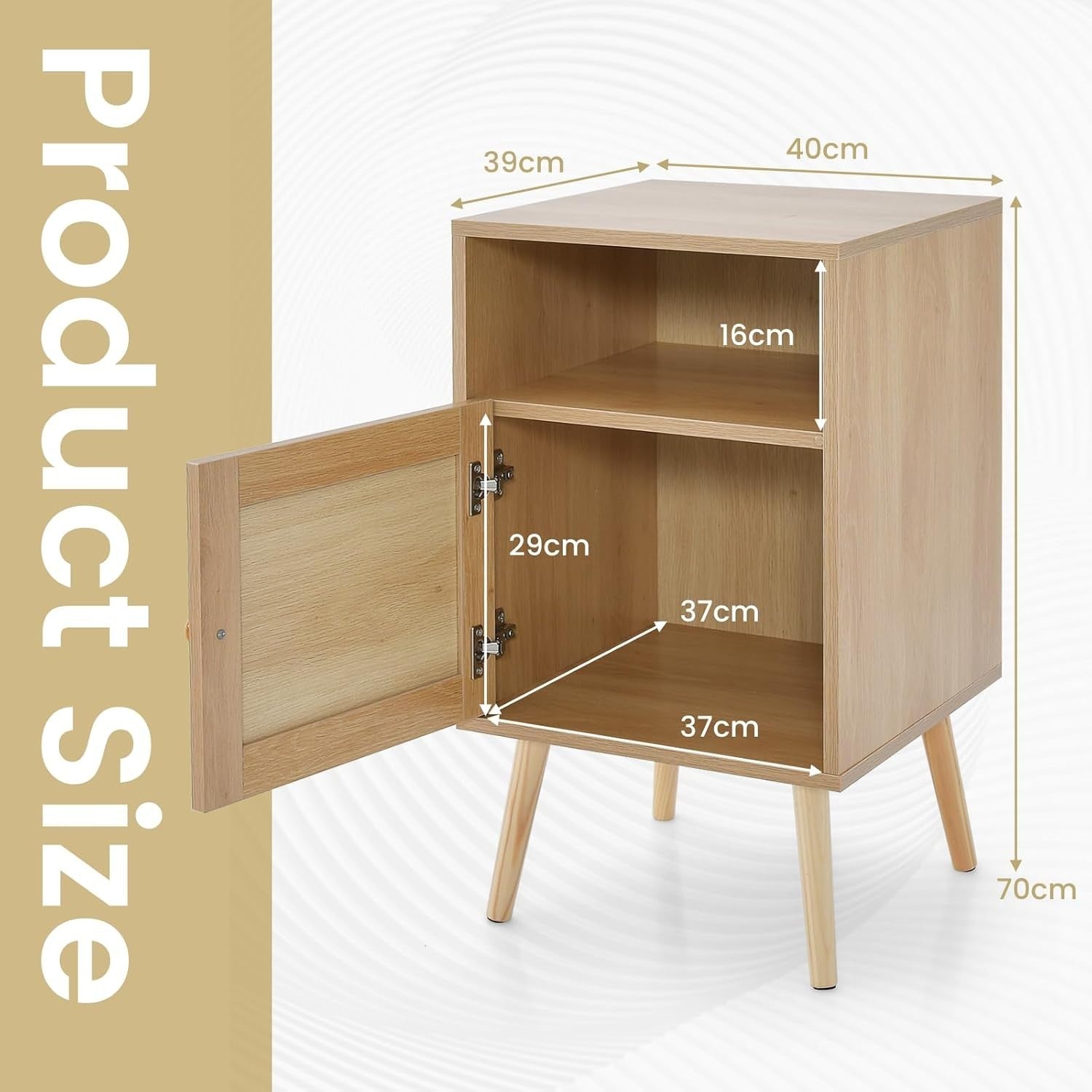 Set of 2 Natural Wood Bedside Tables with Rattan Door & Shelf