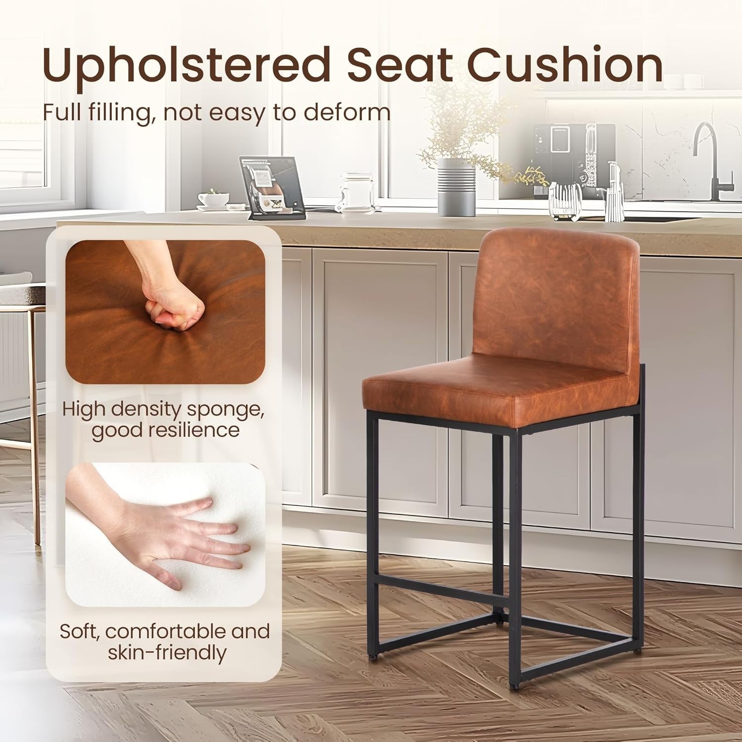 Kitchen Bar Stool Brown Faux Leather Counter Chair 60cm Seat