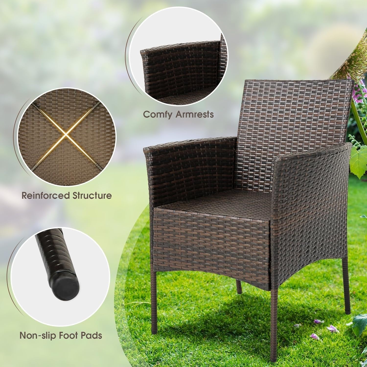 Set of 4 Outdoor Rattan Dining Chairs Cushioned Patio Armchairs Garden