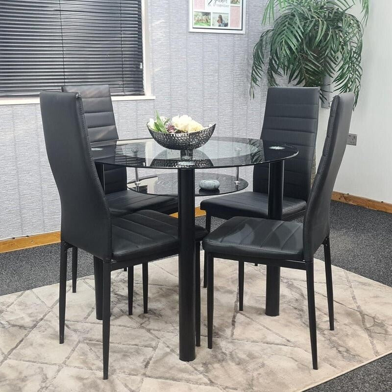 Round Glass Dining Table Set with 4 Faux Leather Chairs Black Modern