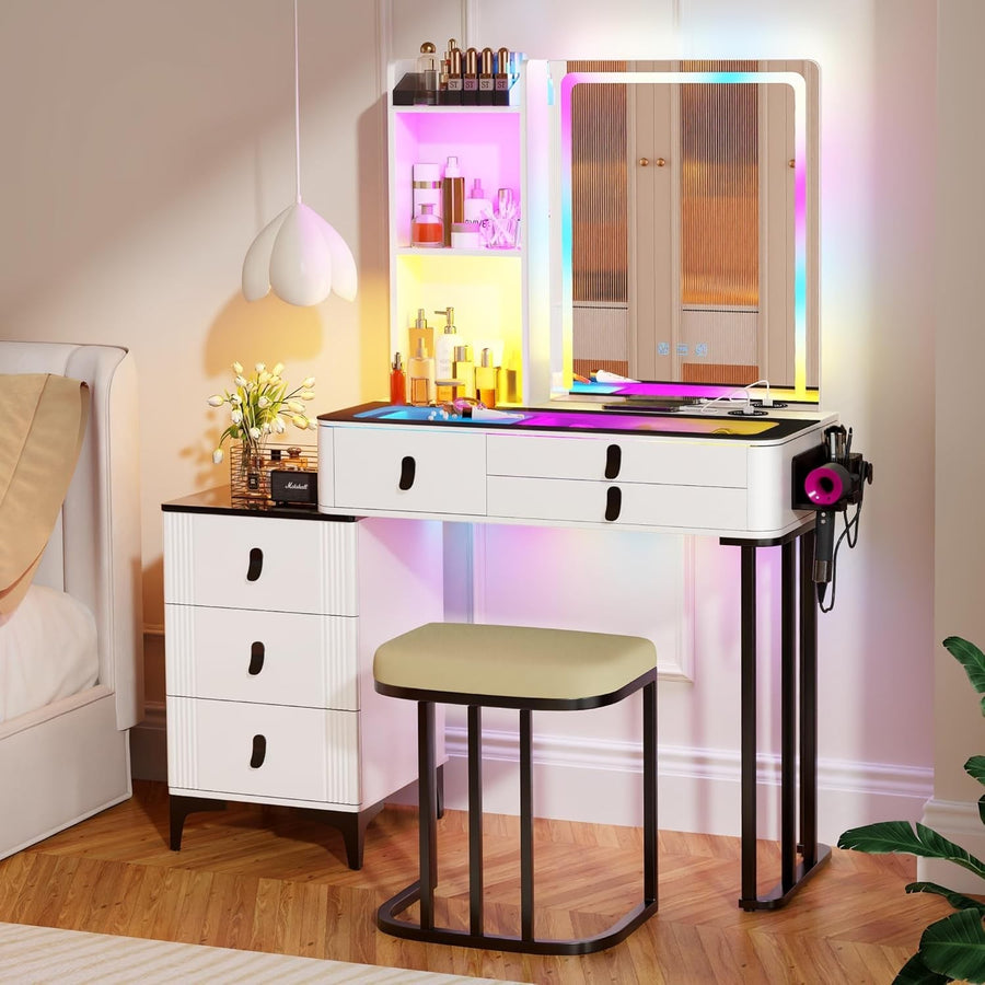 White Vanity Dressing Table LED Mirror Glass Top 5 Drawers Charging Station & St