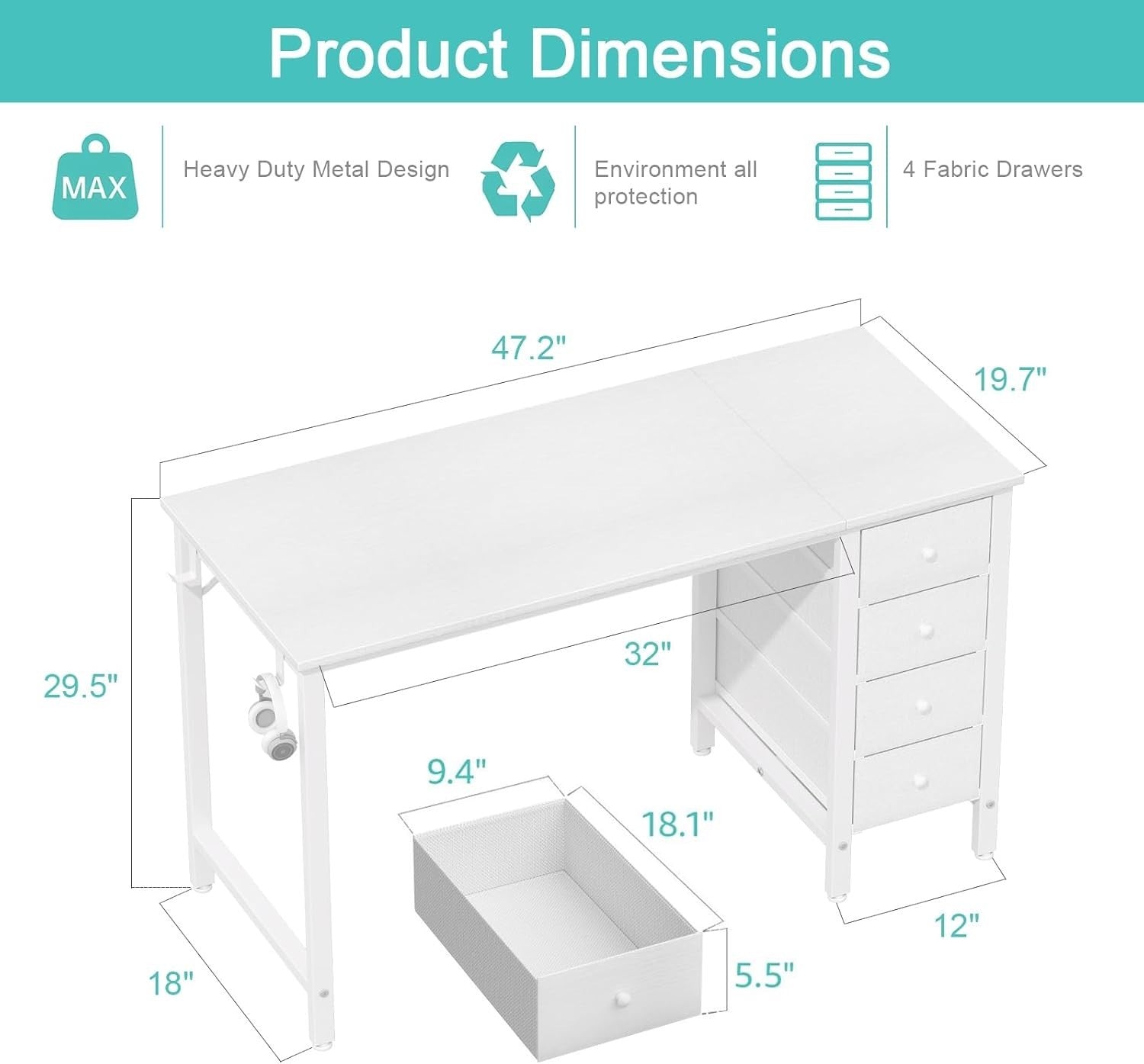 Modern White Office Desk w/Fabric Drawers Metal Frame Computer Table