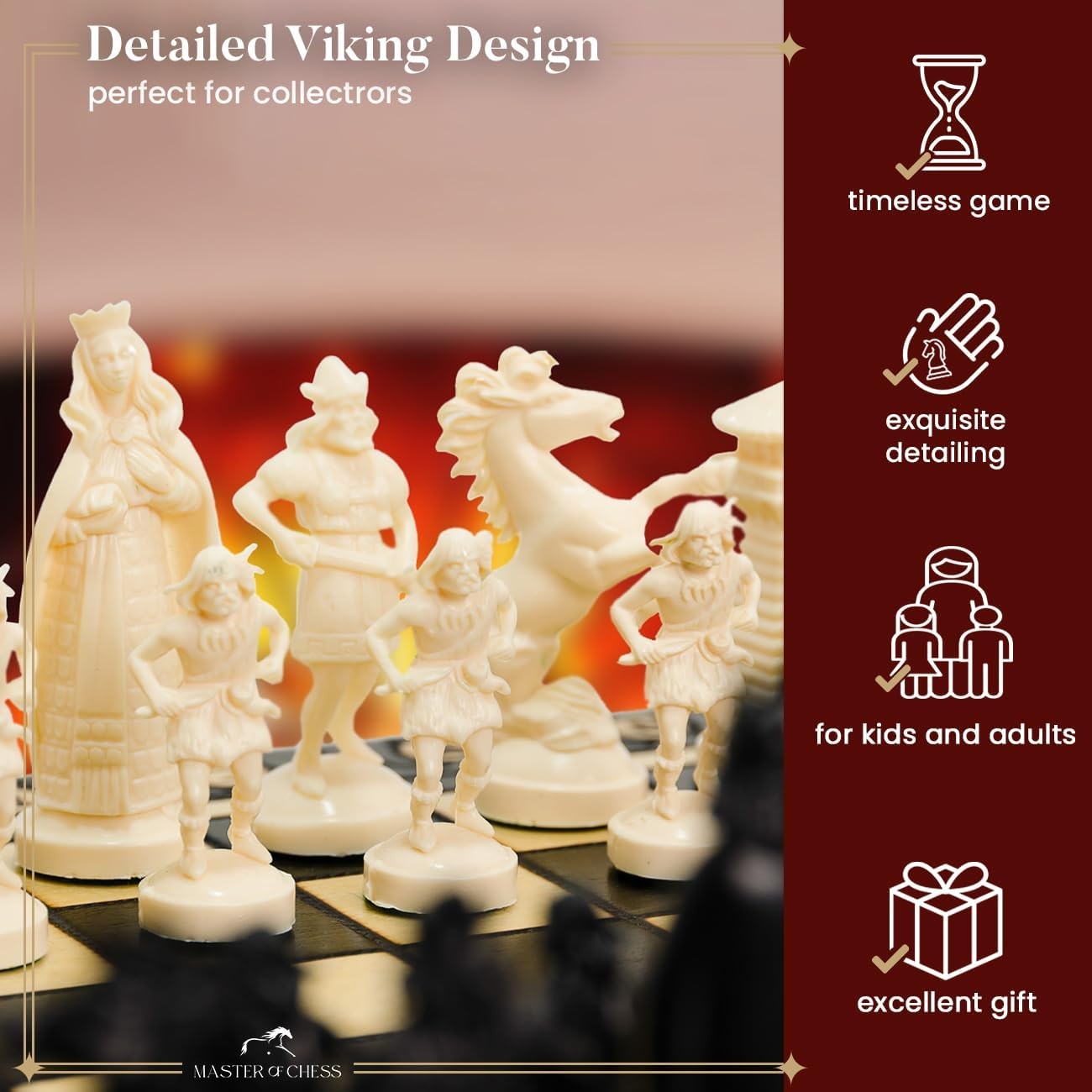 16" Viking Medieval Chess Set Weighted Pieces & Engraved Folding Board