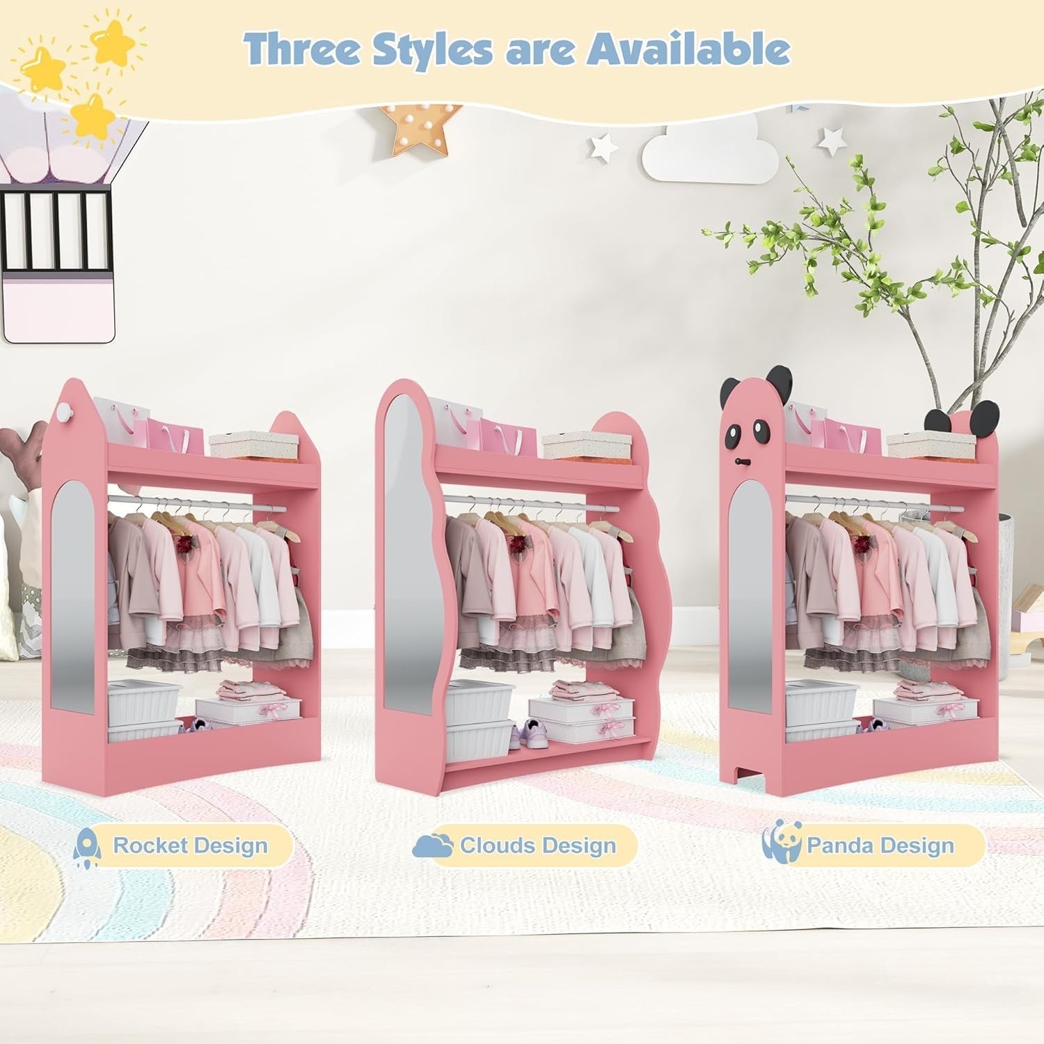 Kids Wardrobe with Mirror & Hanging Rail, No Drawer, Pink Cloud Design