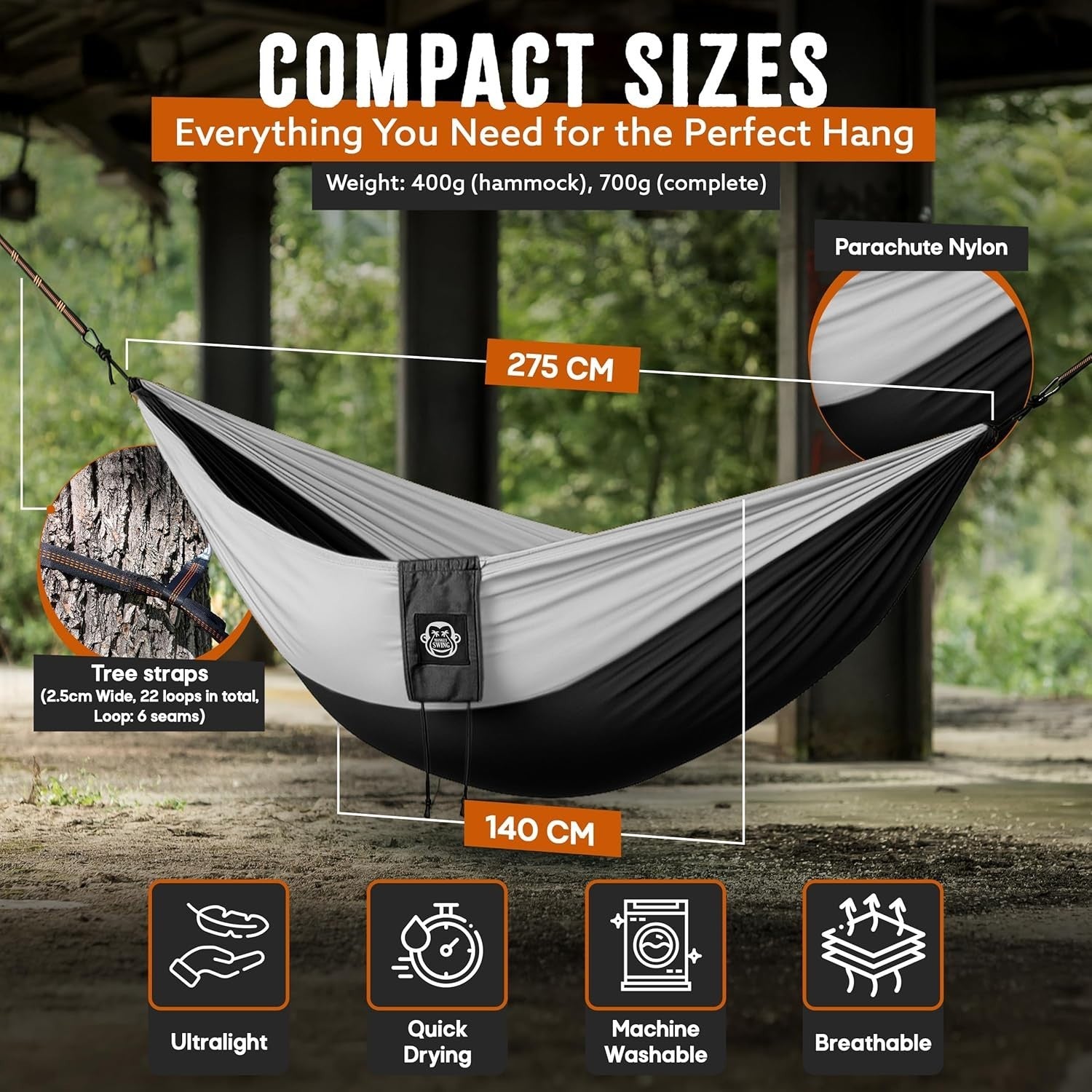 Ultralight Camping Hammock Black/White | 300kg Limit + Straps & Clips