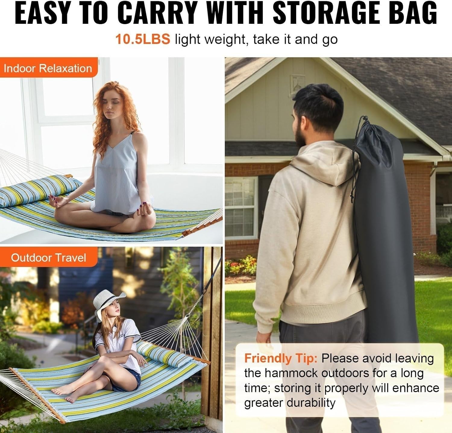 Luxury Double Hammock w/ Pillow & Hardwood Bar – Outdoor Garden, Patio, Camping
