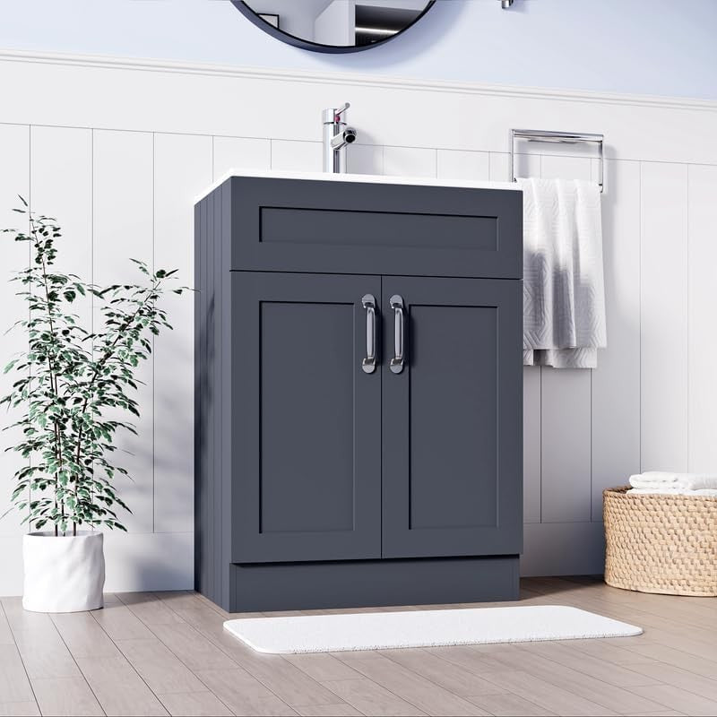 600mm Grey Bathroom Vanity Unit with Basin Storage Cupboard Floor Standing Sink