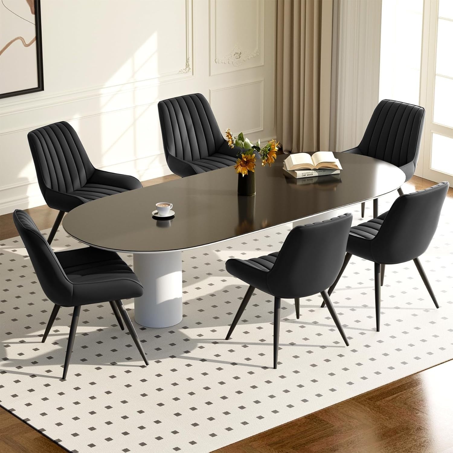 2 Black Upholstered Dining Chairs Modern Padded Seat Metal Legs Kitchen