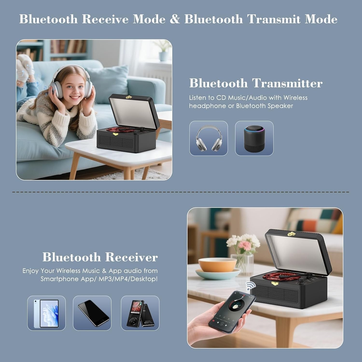 Retro Bluetooth CD Player FM Radio USB AUX HiFi Speakers Black PU