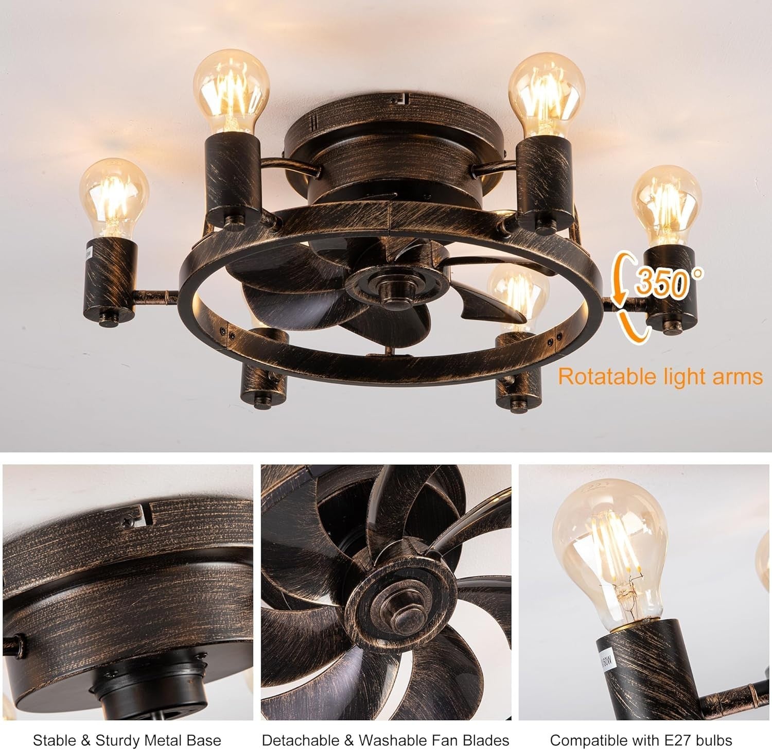 52cm Industrial Ceiling Fan Light, 6 Lights, Remote, Flush Mount, Black