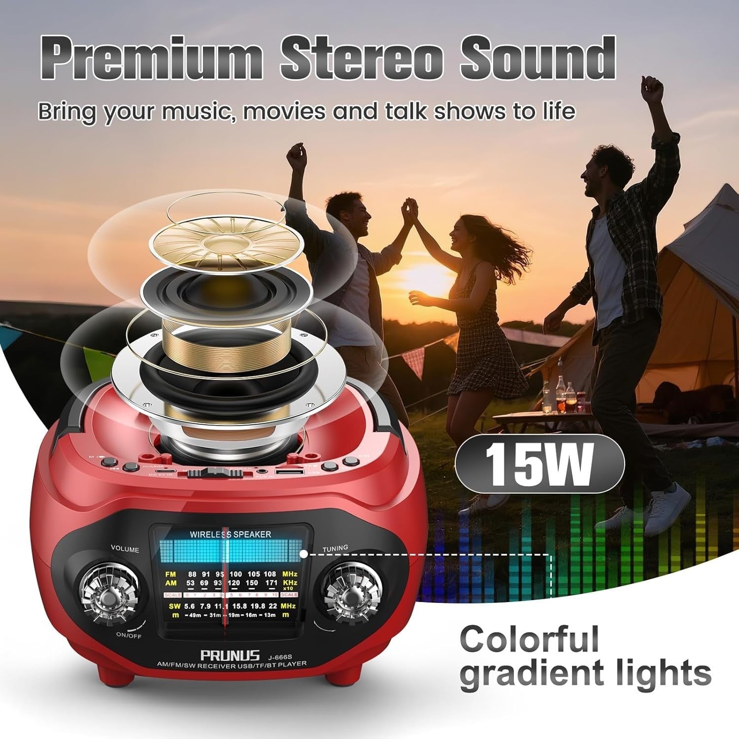 Portable Retro AM/FM/SW Radio Bluetooth 15W Speaker Rechargeable Solar