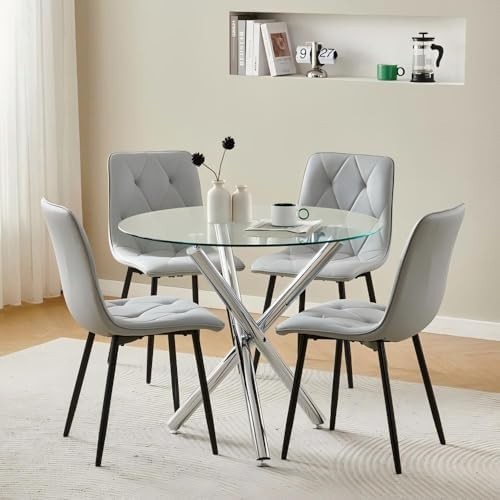 Round Glass Dining Table Set 4 Seater 90cm Space Saving Kitchen Dining