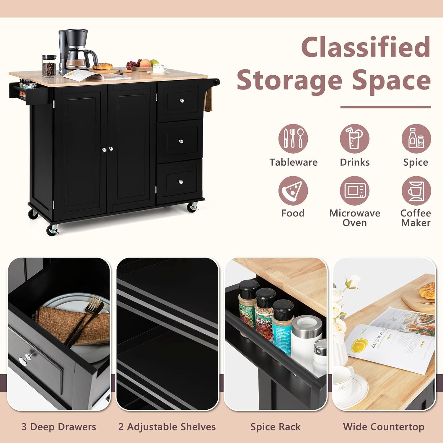 Large Kitchen Island Trolley Extendable Wood Storage Drawers Wheels