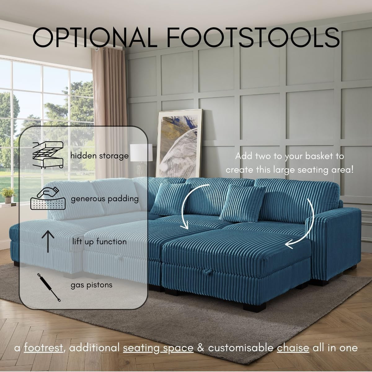Blue Teddy Jumbo Cord Storage Footstool for L-Shape Corner Sofa