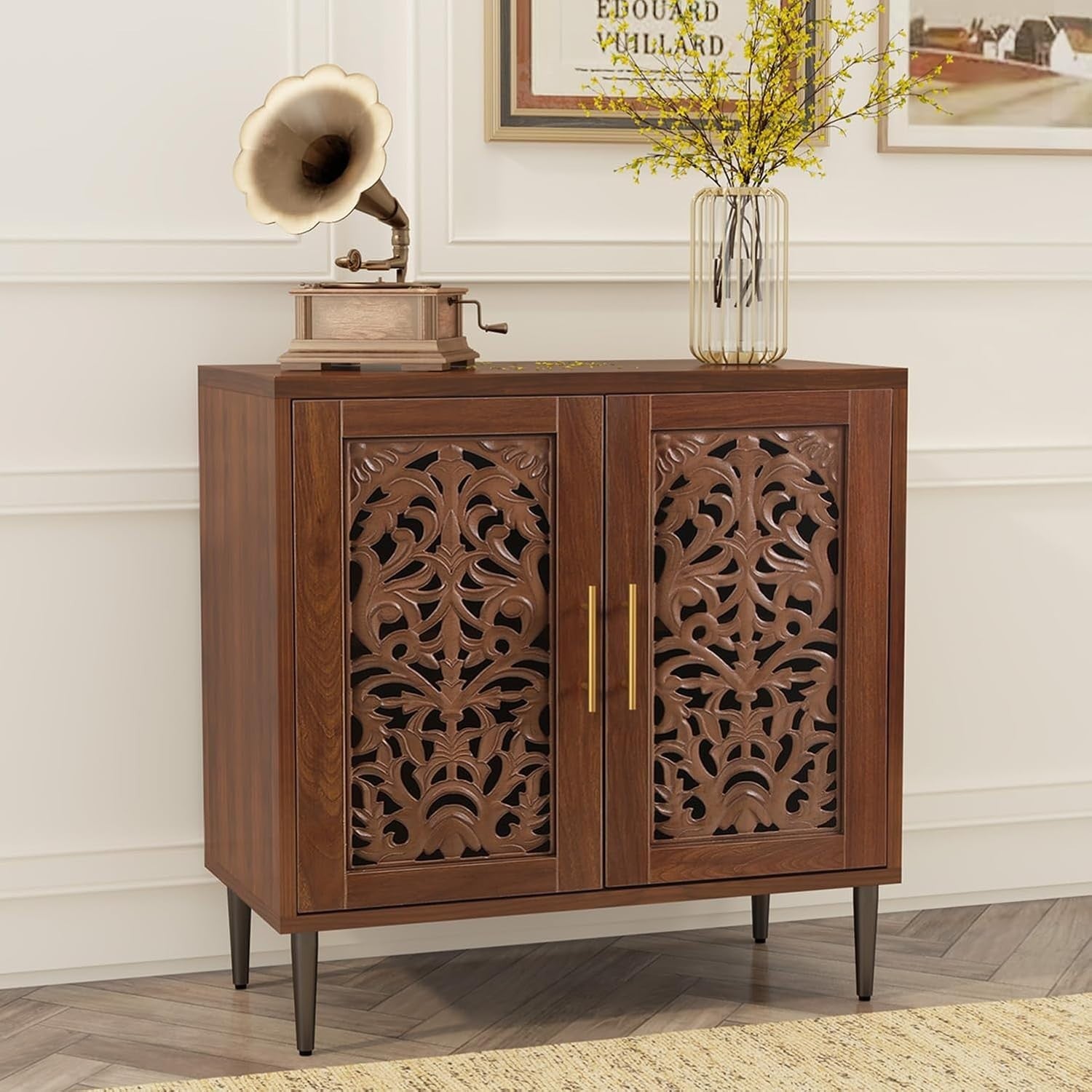 Brown Vintage Sideboard Cabinet 2 Door Carved Storage Unit Hallway Accent
