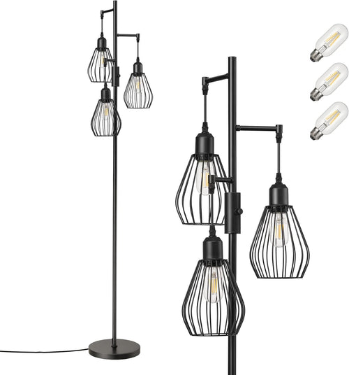 Industrial Floor Lamp Dimmable 3 Light Wire Cage Tall Standing Lamp Teardrop Cag