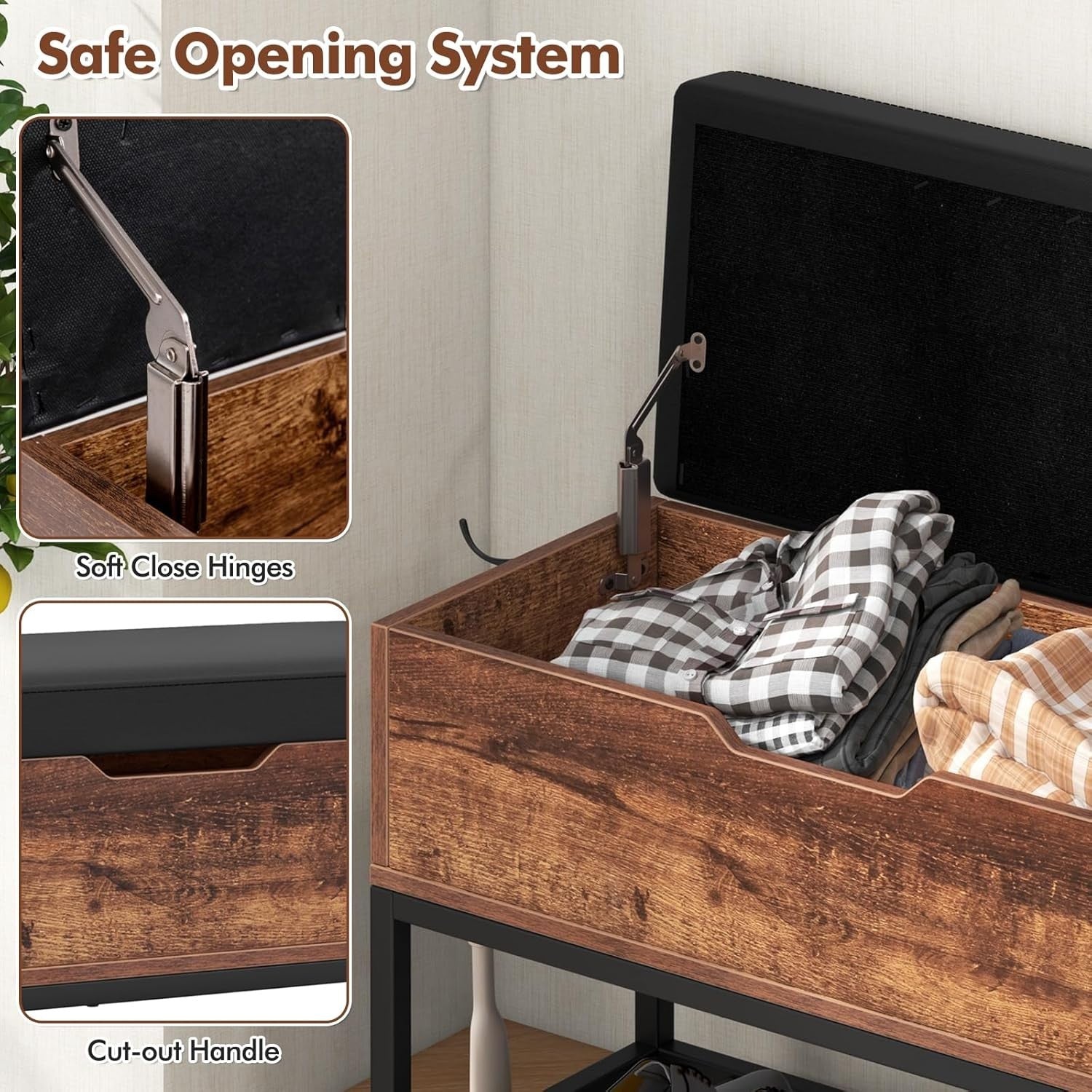 Rustic Shoe Storage Bench with Cushion, Flip-Top Chest & 2-Door Cabinet