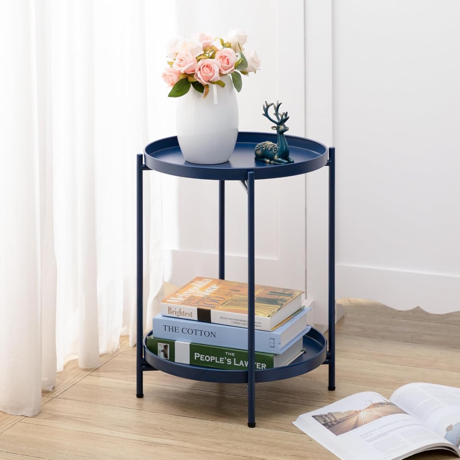Small Round Metal Side Table 2-Tier Removable Tray Coffee Table Dark Blue