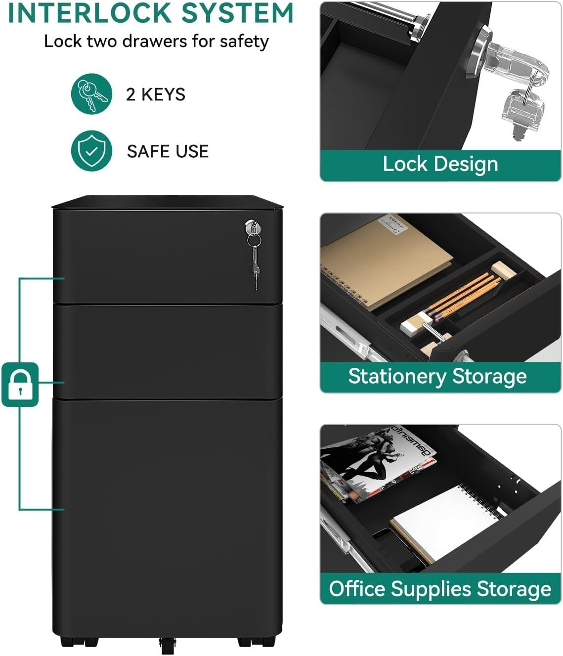 Lockable Metal Mobile Filing Cabinet 3 Drawer A4 Letter Under Desk