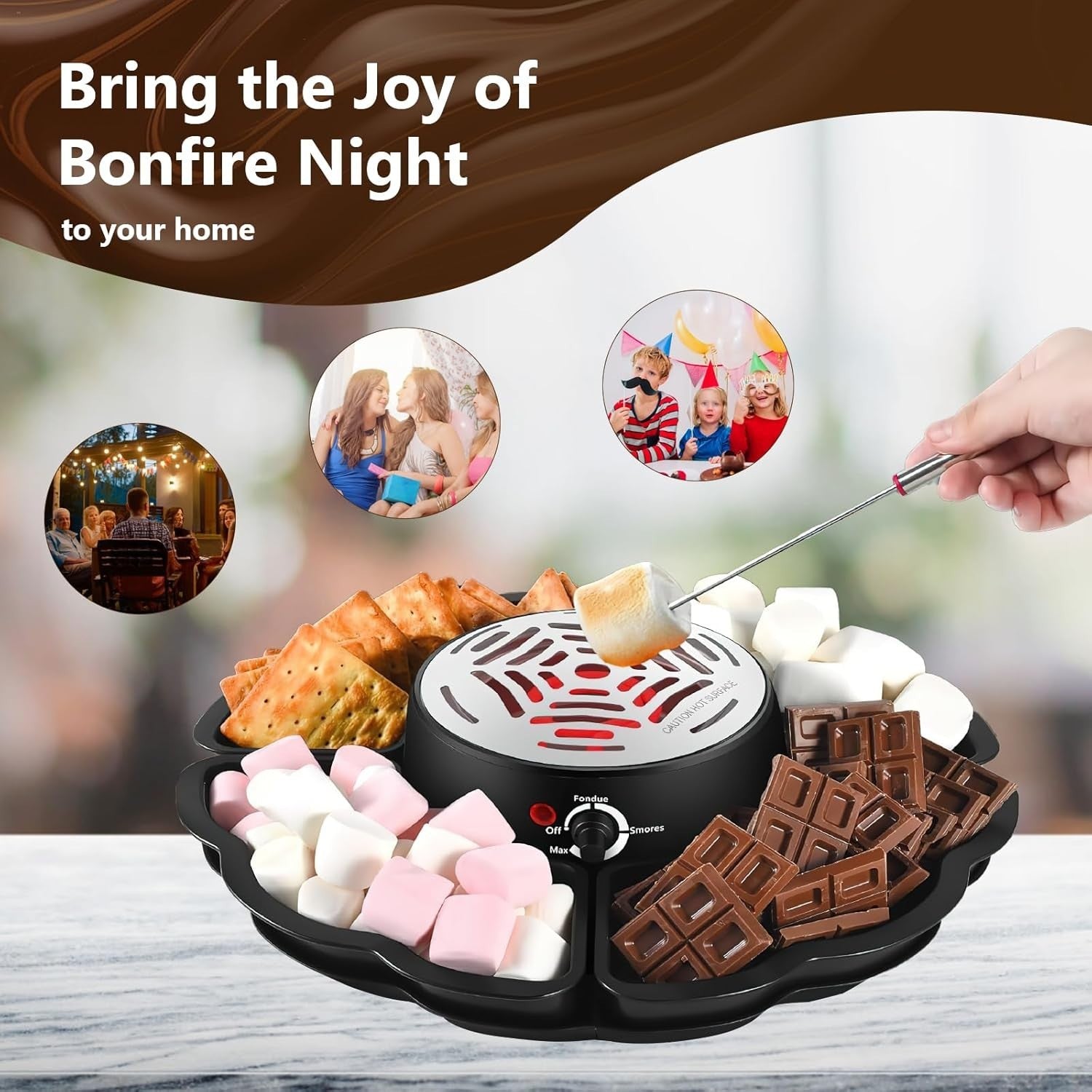 2 in 1 Smores Maker Fondue Set Electric Marshmallow Roaster Kit