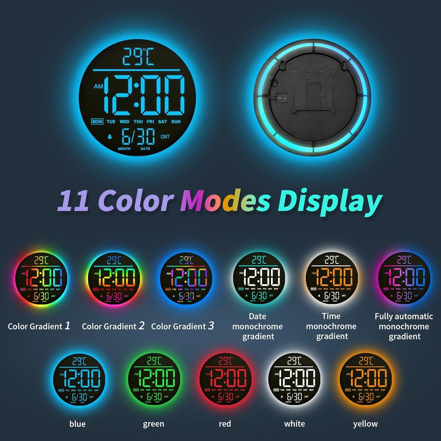 Black LED Digital Wall Clock 10 Inch Remote Control Night Light Display