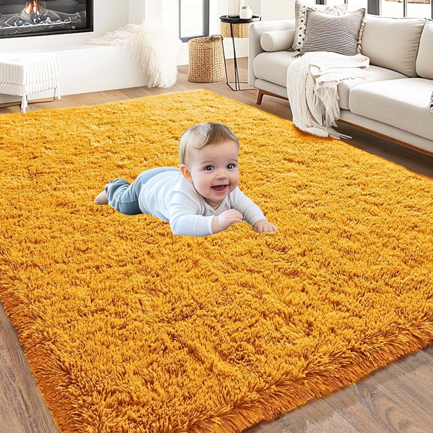 Large Shaggy Rug 200x290cm Ochre Soft Fluffy Thick Pile Non Slip Bedroom Carpet
